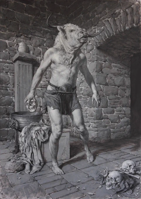 GM!! The study vs the final. `The Minotaur'. Acrylics on board & digital.