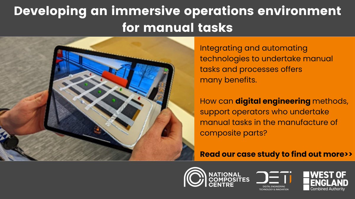 Digital Engineering Technology & Innovation (DETI) (@digitaldeti) on Twitter photo 📰The National Composites Centre <a href="/NCCUKinfo/">NCC - Innovating for Industry</a>
has developed systems using Immersive Technologies to support operators who undertake manual tasks in the manufacture of composite parts.
💡Find out more here: bit.ly/42hDdnn
#digital #engineering #technology #innovation 📰The National Composites Centre <a href="/NCCUKinfo/">NCC - Innovating for Industry</a>
has developed systems using Immersive Technologies to support operators who undertake manual tasks in the manufacture of composite parts.
💡Find out more here: bit.ly/42hDdnn
#digital #engineering #technology #innovation