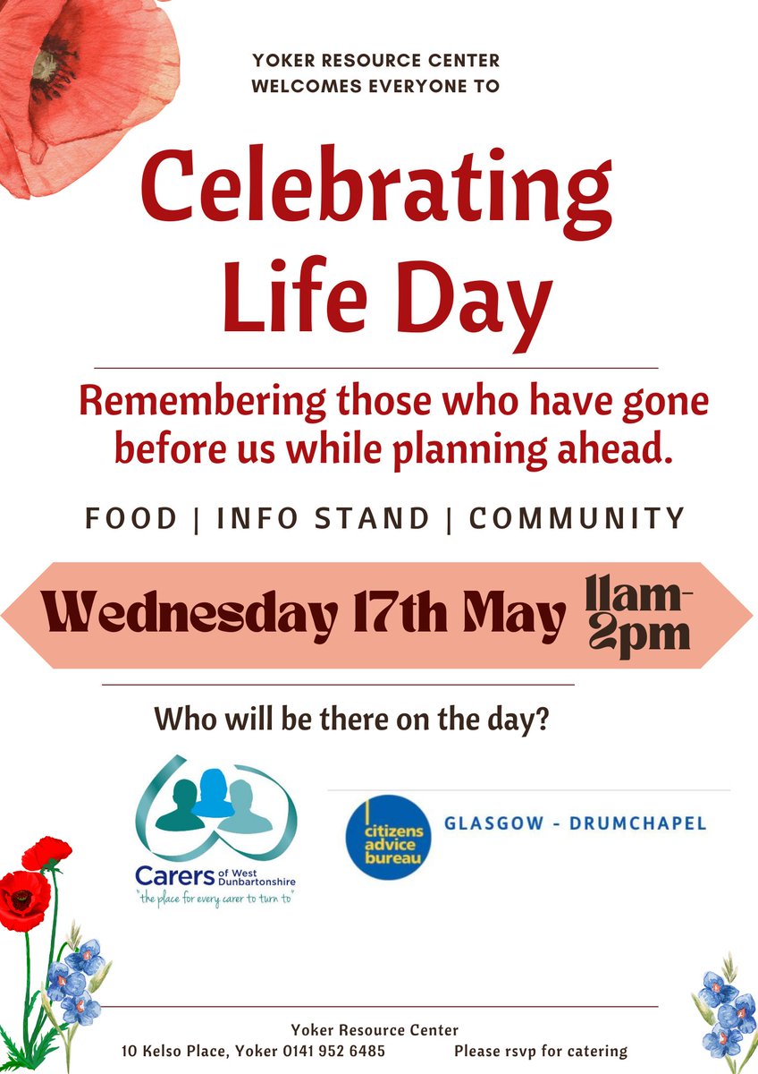 YokerResource's tweet photo. Please come to the Yoker resource center on Wednesday the 17th of May, for nice food and a good chat
@DrumchapelCAB 
@CarersofWestDun https://t.co/ccJfkvauTB