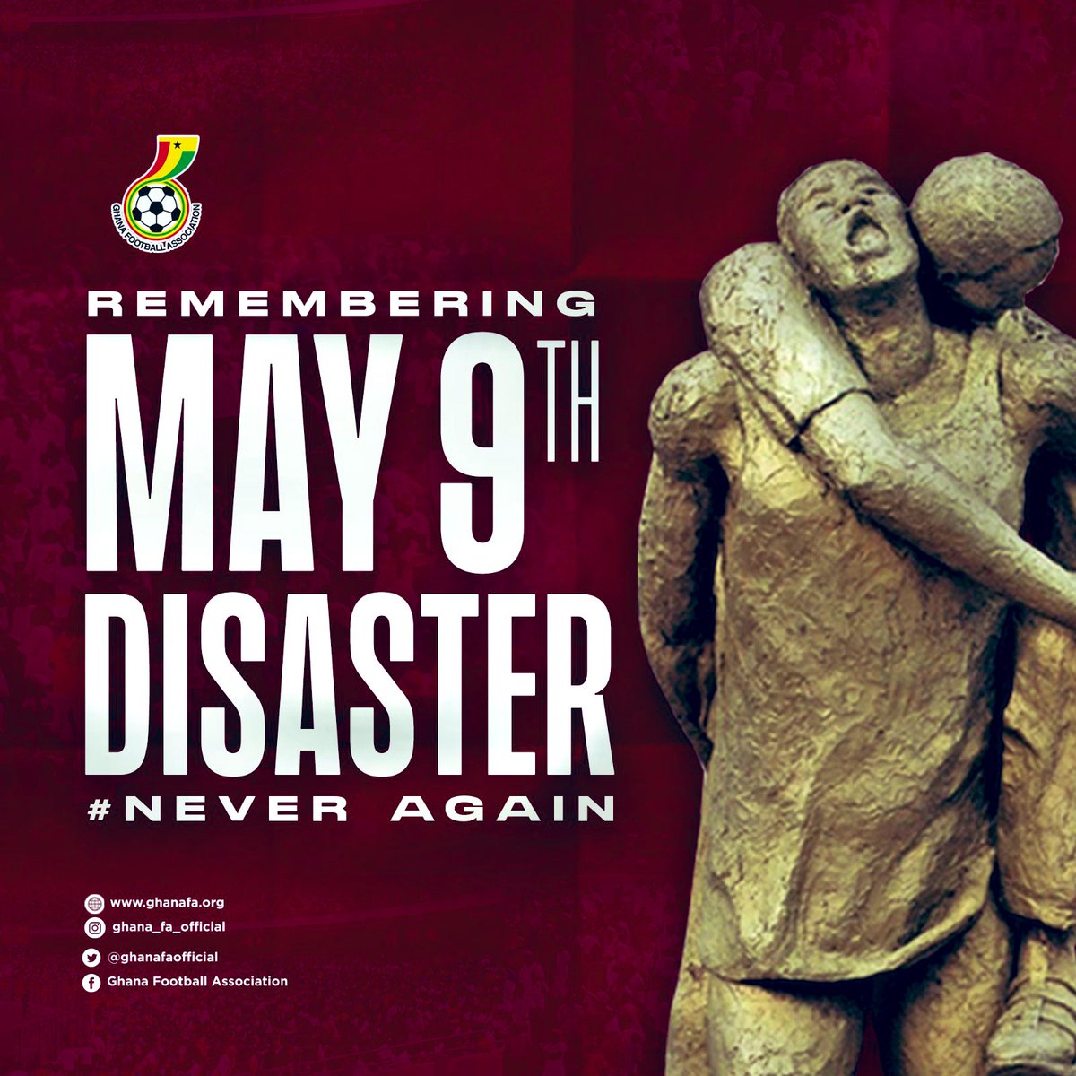 🙅🏾‍♂️ #NeverAgain 🙅🏾‍♂️

As we mark the 22nd Anniversary of the May 9th Stadium disaster today, the GFA once again extend our profound condolences to the families and friends of the victims and the entire football family.

➡️ ghanafa.org/press-statemen…

#May9th | <a href="/GhanaLeague/">🇬🇭 Ghana Premier League</a>