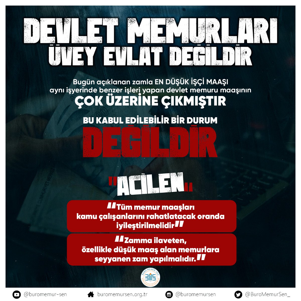 DEVLET MEMURLARI ÜVEY EVLAT DEĞİLDİR!

* Tüm memur maaşları kamu çalışanlarını rahatlatacak oranda iyileştirilmelidir.

* Zamma ilaveten, özellikle düşük maaş alan memurların mağduriyetlerinin giderilmesi için seyyanen zam yapılmalıdır.

Bugün açıklanan yüzde 45 zamla en düşük
