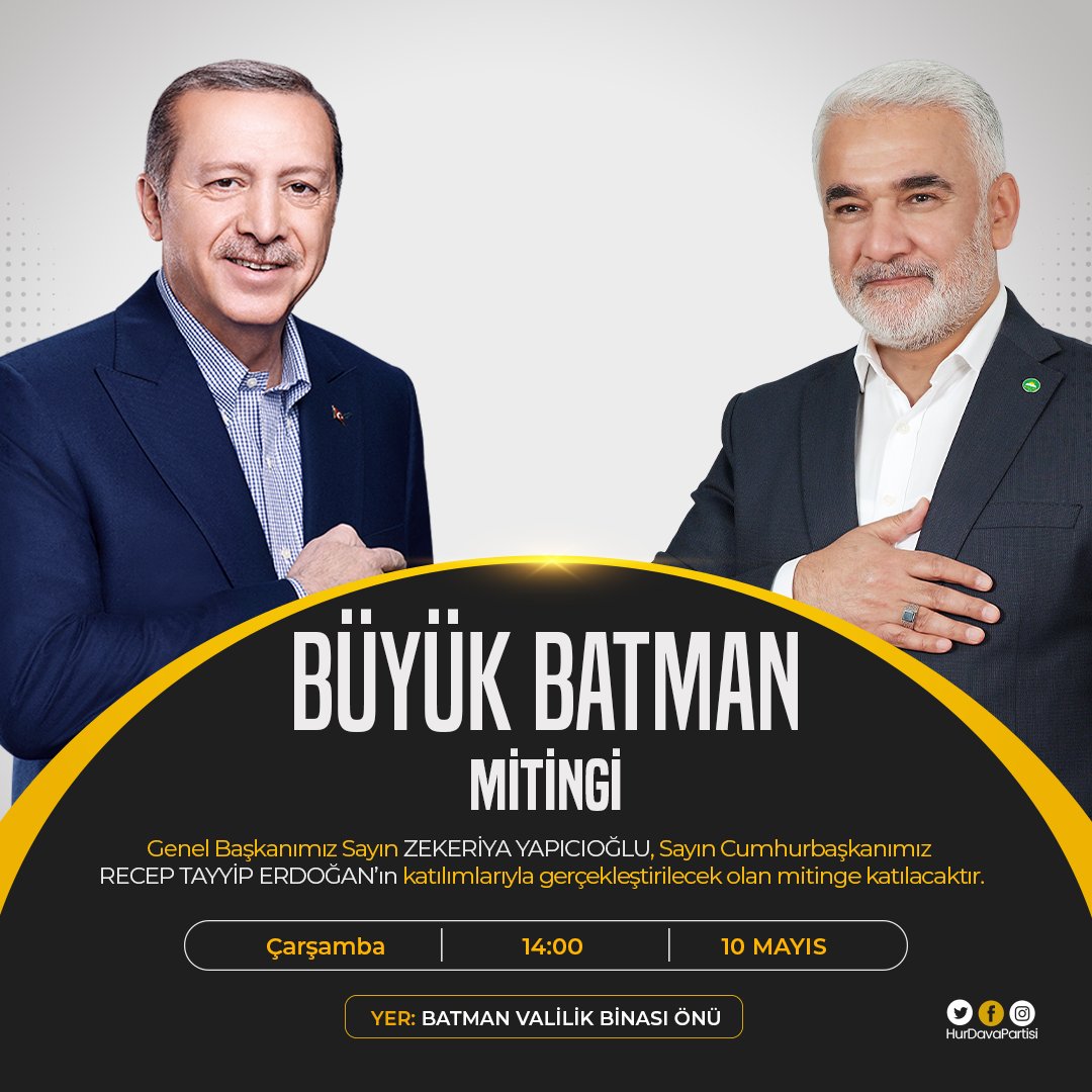 Genel Başkanımız Sayın Zekeriya Yapıcıoğlu, Sayın Cumhurbaşkanımız Recep Tayyip Erdoğan'ın katılımlarıyla gerçekleştirilecek olan Büyük Batman Mitingine katılacak.

Tüm Halkımız Davetlidir.
#HÜDAPAR