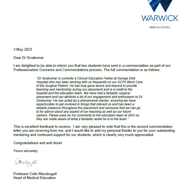 GEHClinMedEd's tweet image. "A credit to the hospital &amp;amp; education team" Dr Naveen Sivakumar has received another #commendation for going above &amp;amp; beyond when providing #teaching and #mentorship for students. Have a read of the letter for some very lovely words from our SCP3 students!
@GEHNHSnews
@warwickmed