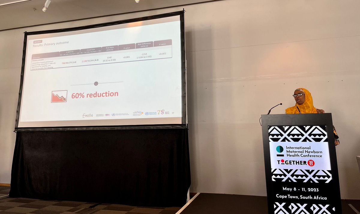 ⚡️Breaking news: results from @EmotiveTrial presented for the 1st time @ #IMNHC2023 PPH is leading cause of maternal health 🌍 We found a 60% reduction in composite outcome: severe PPH, laparotomy for bleeding or death from bleeding Read more in @nejm bit.ly/42AGEFf