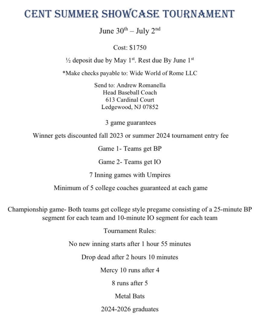 CoachRomo24's tweet photo. Cent Summer Tourney 
June 30-July 2
3-game guarantee 
5 colleges per day 
BP/IO before games 1&amp;2
State-of-the-arc turf facility 
Regular 7 inning games w/umps 

DM, email or text if you are interested! 

Looking to add 1 or 2 more teams. https://t.co/haY4Fu6MUz