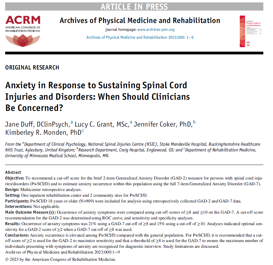 Research hot off the press authors.elsevier.com/a/1h1a9wCgEXLM, which identifies a lower cut off is needed when screening for anxiety (GAD-2) following SCI/D, great collaboration with UK &amp; US data <a href="/KMonden/">Kyleigh Monden</a> @DrJenniferCoker <a href="/LucyC_Grant/">Lucy C Grant</a>, thanks to <a href="/JamesCooper2407/">James Cooper</a> <a href="/BHTResearch/">BHT Research & Innovation</a> <a href="/ISCoS_Psychsoc/">ISCoS Psychosocial Group</a>