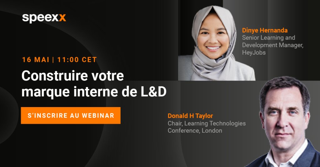 Inscrivez-vous à notre webinaire du 16 mai à 11:00 et découvrez grâce aux conseils de <a href="/Dinye/">Diane Nye</a> Hernanda, spécialiste primée du L&amp;D et <a href="/Donald/">Donald Bell 🦋 @donaldbell.bsky.social</a> Taylor, comment construire votre marque interne de L&amp;D.

engage.speexx.com/7o5NZr