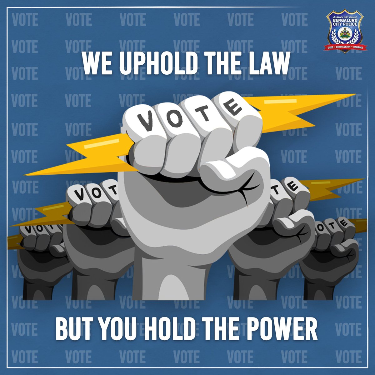 BlrCityPolice's tweet photo. We're always on-duty, tomorrow it's your turn!
𝘉𝘦 𝘢 𝘥𝘶𝘵𝘪𝘧𝘶𝘭 𝘤𝘪𝘵𝘪𝘻𝘦𝘯 𝘢𝘯𝘥 ᴄᴀꜱᴛ ʏᴏᴜʀ ᴠᴏᴛᴇ.
#KarnatakaElections #TogetherWeHavePower ✊🏽⚡️ https://t.co/dBWsnF433p