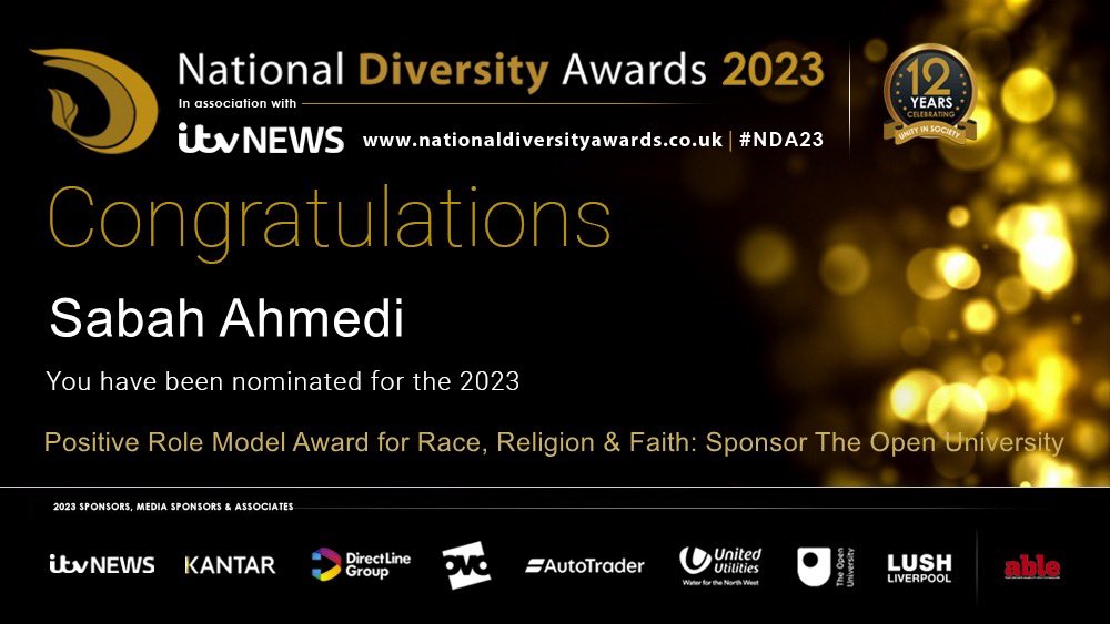 Alhamdulillah. All praise to God! 

I'm shocked and humbled that I've had been nominated for an award by @ndawards this year for 'Positive Role Model Award’.

If you get a moment I’d love if you could pop me a vote nationaldiversityawards.co.uk/awards-2023/no… 

Thank you all for the support.🙌🏽 #NDA23