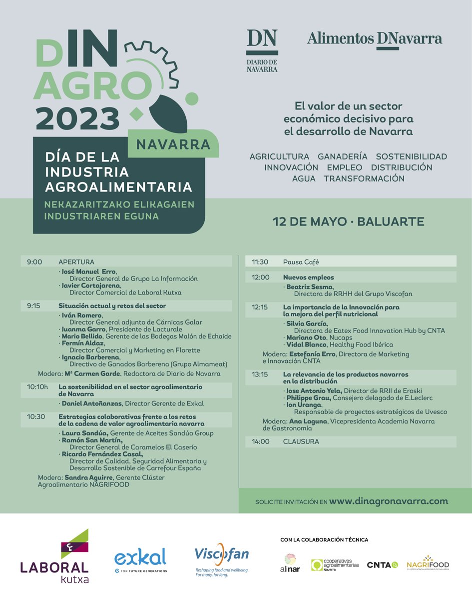 navarrodeluis's tweet photo. A punto ya de completa el aforo
@DiariodeNavarra y @LABORALkutxa
presentan https://t.co/LJPwFSdlQz El Día de la Industria Agroalimentaria navarra. Con el apoyo de #Exkal #Viscofan #ALINAR
@CNTA_CIT
@coopsnavarra
@NagrifoodClust
#DINagro2023 #AlimentosDNavarra https://t.co/T2xHg4rcdV