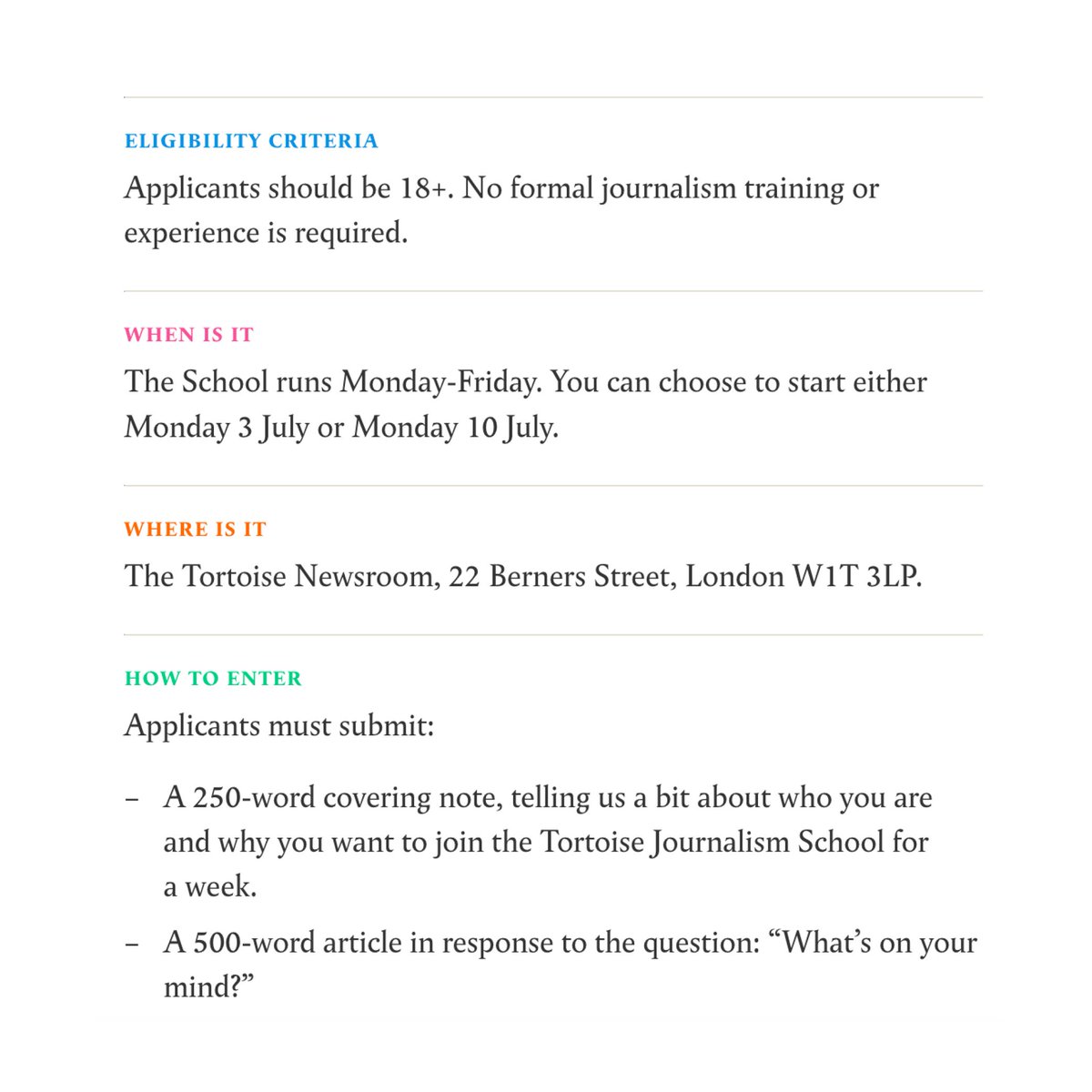tortoise's tweet photo. The Tortoise Journalism School is now open for applications.

We’ve set out to create a learning experience that gives aspiring journalists access to senior editors and experienced reporters, in an immersive newsroom environment.

Apply today: https://t.co/bBN53cvZ9y