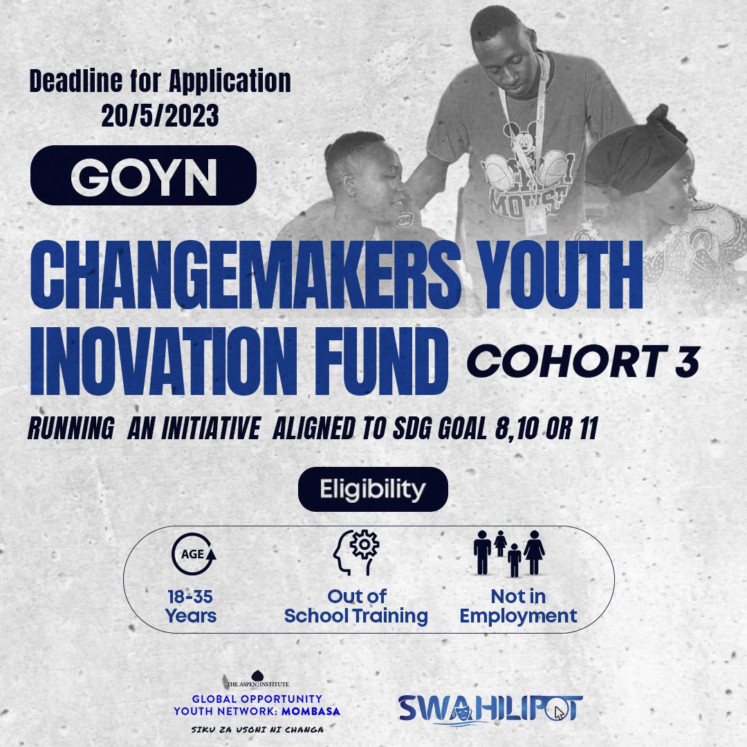 Are you a Youth ChangeMaker aged between 18-35 years from Mombasa? Are you running any initiatives addressing SGDs Goals 8, 10, or 11? Are you interested in receiving $1,000 to support your work? Are you interested in joining a life-changing learning journey to enable you to be