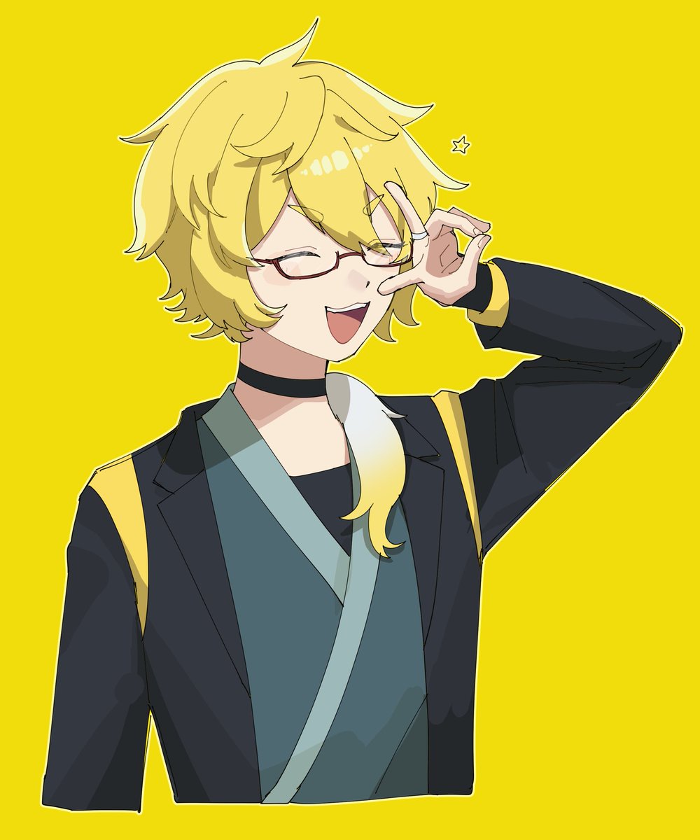 blonde hair male focus 1boy glasses yellow background solo closed eyes  illustration images