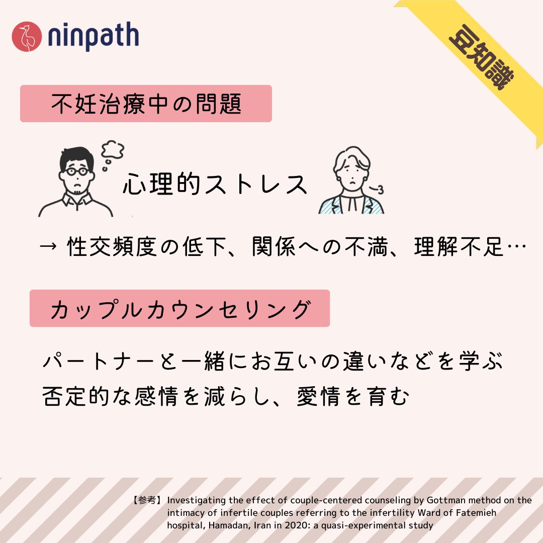 ninpath's tweet photo. ＼＼こんな疑問はありませんか？／／

本日のトピック👇
・カップルカウンセリングって効果はあるの？

@ninpath
 をフォローして、不妊治療やカウンセリングについての情報を知ろう！

#不妊 #不妊治療 #カウンセリング #ninpath https://t.co/7KyeGx1TG0