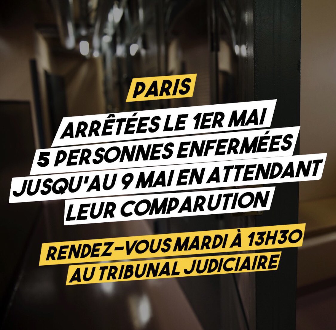 🚨 Enfermés depuis plus d’une semaine suite à la manifestation du 1er mai, cinq jeunes manifestants, actuellement détenus à Fleury-Mérogis, doivent être jugés cet après-midi en comparution immédiate.

Thread et compte rendu de l’audience à venir 🧵

#RéformeDesRetraites #1erMai