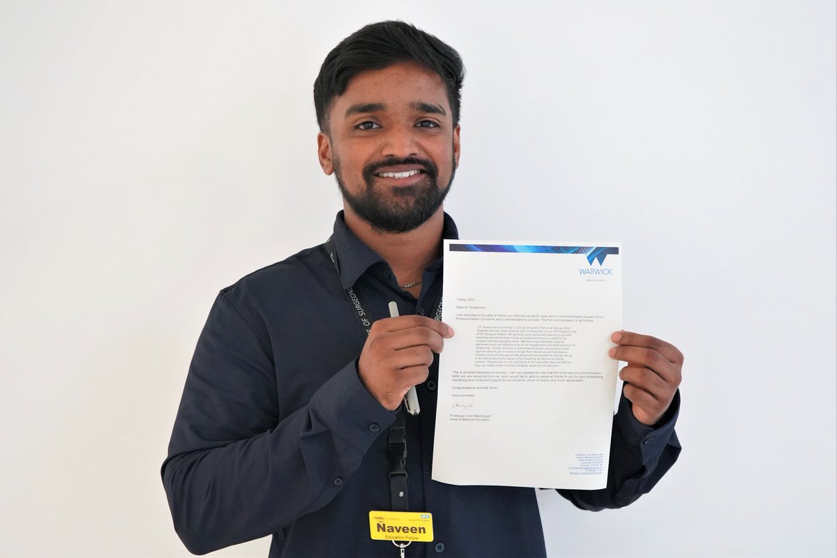 GEHClinMedEd's tweet image. "A credit to the hospital &amp;amp; education team" Dr Naveen Sivakumar has received another #commendation for going above &amp;amp; beyond when providing #teaching and #mentorship for students. Have a read of the letter for some very lovely words from our SCP3 students!
@GEHNHSnews
@warwickmed