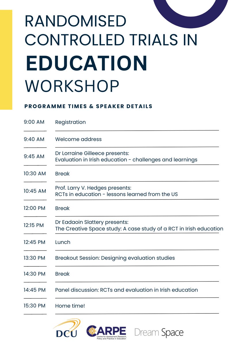 Don't miss out on our @DCU_IoE RCTs in Education workshop on May 18th - we have a brilliant line up! If you're interested in evaluation in Irish education, this is a must-attend event. The day is free and open to all. Register now here: bit.ly/40nsg1B