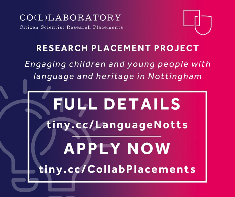 6 week RESEARCH PLACEMENT opportunity with <a href="/CLASUoN/">CLAS UoN</a>'s Prof. McLelland: 'Engaging Children and Young People with Language and Heritage in Nottingham.   To find out more on how to apply click here:
tiny.cc/LanguageNotts