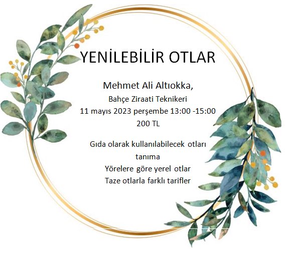 ZeytinburnuTBB's tweet photo. Sağlık Çevre Okulu mayıs ayı eğitim programı kapsamında “Yenilebilir Otlar” 
Mehmet Ali Altıokka
11 mayıs 2023 perşembe 13:00 -15:00
200 TL
Gıda olarak kullanılabilecek otları tanıma
Yörelere göre yerel otlar
Taze otlarla farklı tarifler
#ztbb #yenilebilirotlar #şifalıotlar https://t.co/gkreyM5sgm