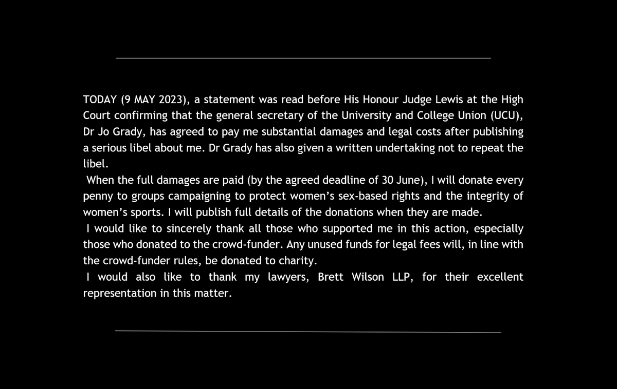 PaulEmbery's tweet photo. 📢 The general secretary of the University and College Union (@ucu), Dr Jo Grady, has agreed to pay me substantial damages and costs after publishing a serious libel about me. All damages will be donated to groups campaigning to defend women's sex-based rights. My statement. ⬇️ https://t.co/9pb3u5Z5xB