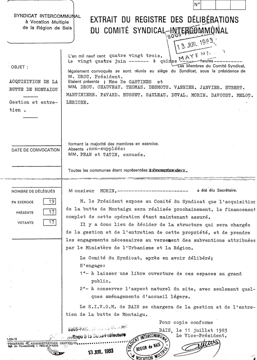 lescoevrons's tweet image. 🎂🎉 #10ansCoëvrons #archives - Le site du Montaigu a été acquis en 1983 par le SIVM de #Bais.
Ce Syndicat s'engage à laisser le site en libre accès et à en conserver l'aspect naturel avec seulement quelques aménagements d'accueil légers.
ℹ urlz.fr/kMNc