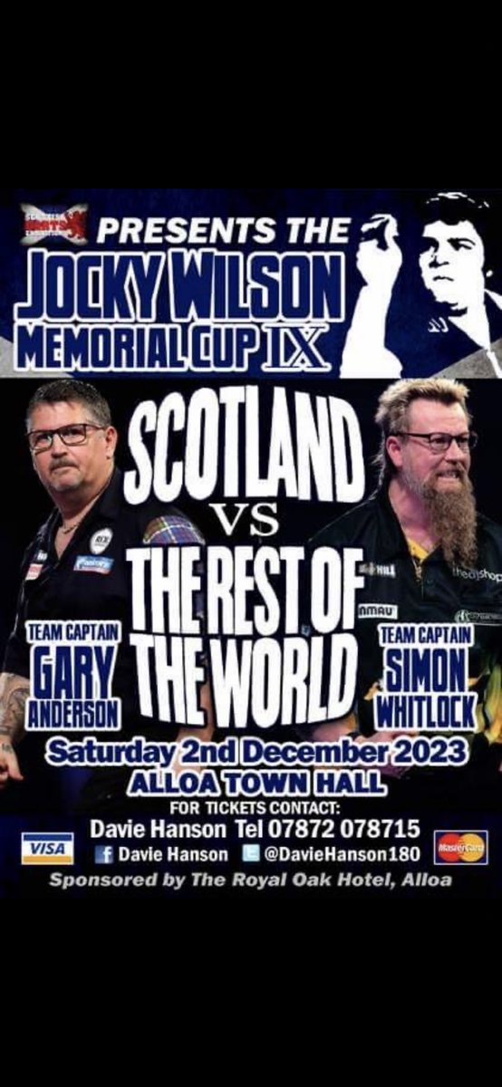 DavieHanson180's tweet photo. The Jocky Wilson Memorial Cup IX Saturday Dec 2nd @ Alloa Town Hall Scotland 🏴󠁧󠁢󠁳󠁣󠁴󠁿 @GaryAnderson180 @PaulBoothMC @MDAevents @soots180 @hendo180 @SWhitlock180 @lukeh180 https://t.co/Az1EtMrA0A