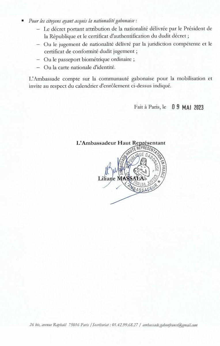 LilianeMassala's tweet photo. Dans le cadre des opérations de révision de la liste électorale prévues du 09 mai au 07 juin 2023, pour l'élection Présidentielle 2023, l'Ambassade du @GaboninFrance informe l'ensemble de la Communauté Gabonaise de sa Juridiction (France, Monaco, Andorre, Portugal et Suisse), du lancement, dès ce jour, de la campagne d'enrôlement qui va se dérouler dans les différents centres ci-après indiqués, selon le programme suivant ⬇️