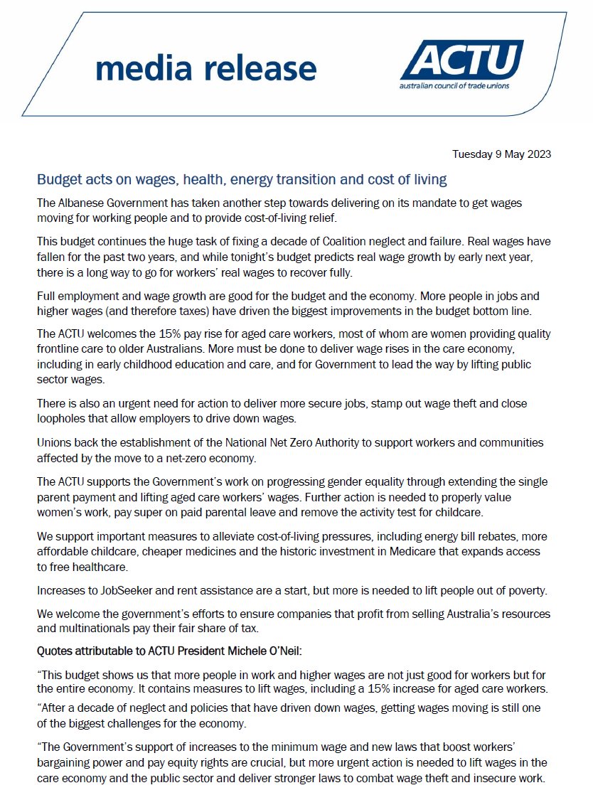 unionsaustralia's tweet photo. Media Release: Budget acts on wages, health, energy transition and cost of living #Budget2023 https://t.co/rWsVktssug
