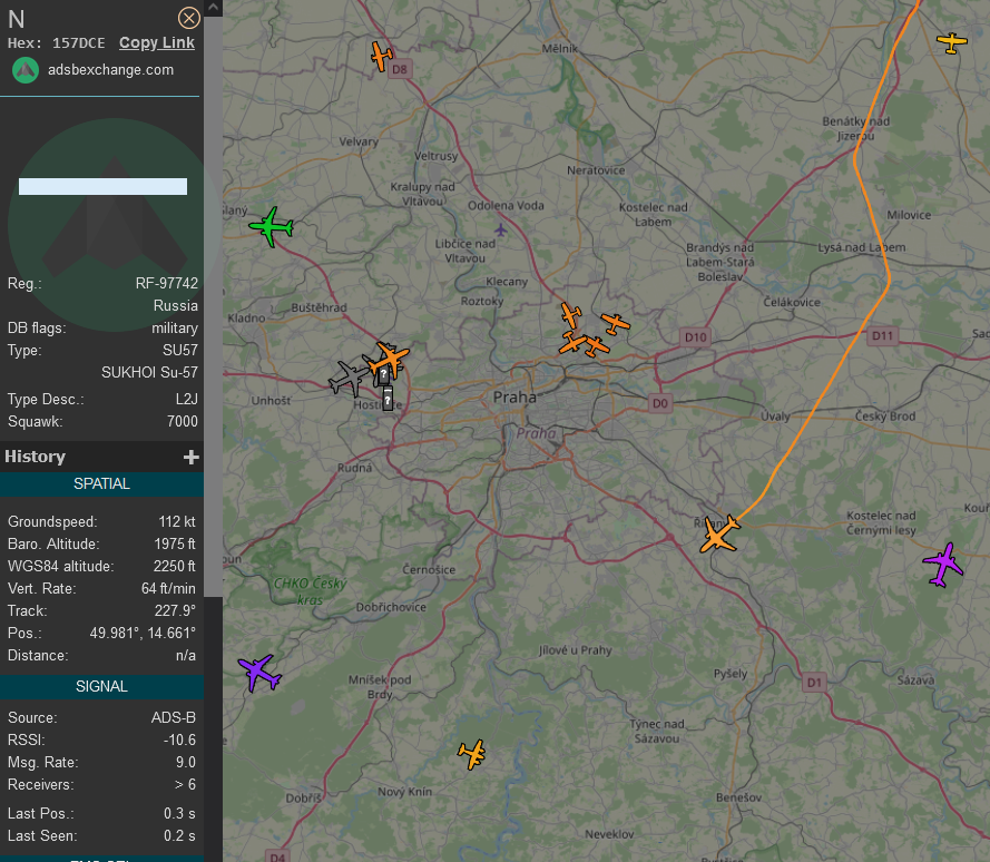 yendaaaa's tweet photo. So apparently there is a "SU-57" flying above the #CzechRepublic at 200 km/h right now. Yeah... seems legit. #ADSB @ArmadaCR https://t.co/IVWSOZIBzC