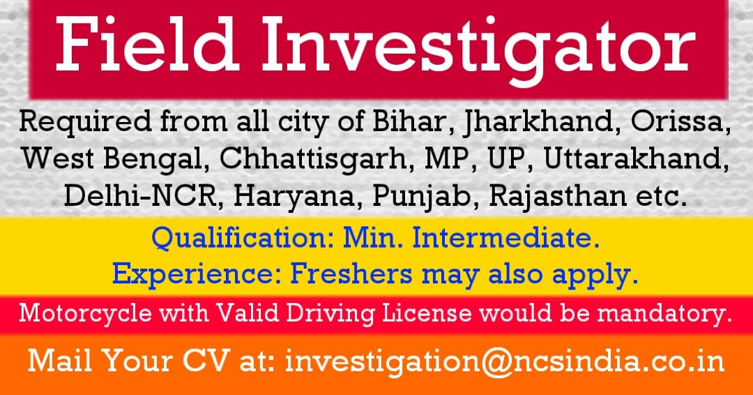 InvestigationE1's tweet photo. Urgent Requirements for Cashless Verification, Spot Verification, Profile Verification, Documents Collection &amp; Verification etc.

#jobsnearme #jobsnearus #jobsearching #fieldinvestigation #naukri #job #jobalert #jobseekers https://t.co/T6rRo9aRKM