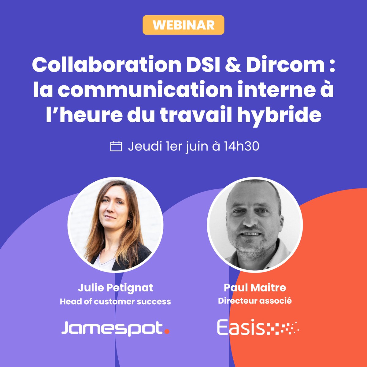 📅 #Webinar | Collaboration #DSI &amp; #Dircom : la #communicationinterne à l’heure du #travailhybride

@Easis et <a href="/jamespot/">Jamespot</a> proposent d'apporter quelques clés pour optimiser la collaboration entre les directions #SI et #communication.

👉 Inscriptions : bit.ly/3nQiO9M