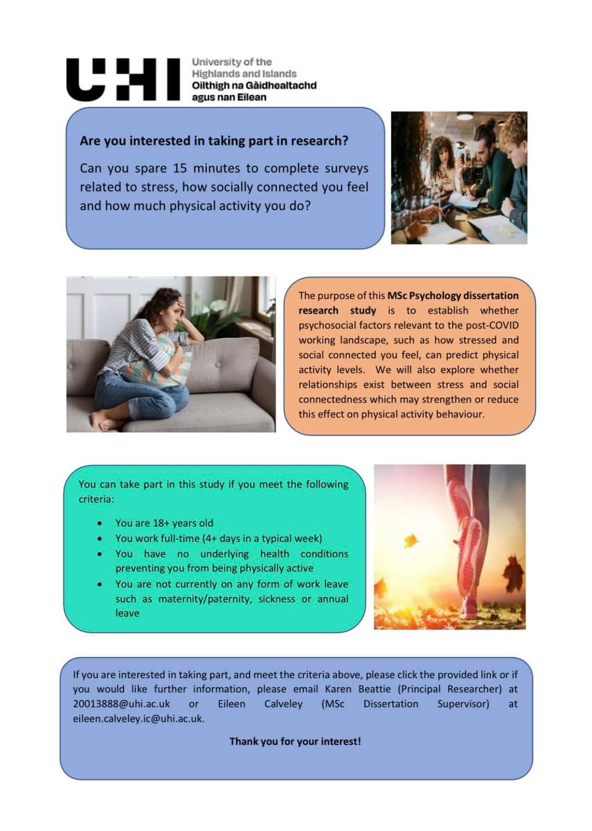 Lynne Beattie (@beats_10) on Twitter photo My sister <a href="/KarenBT11/">Karen Beattie</a> is doing her MSc in Psychology & looking for willing participants to complete surveys related to how stressed you feel, how socially connected you are & how physically active you are!
Find out more below - get involved via link:
uhi.onlinesurveys.ac.uk/psychosocial-f… My sister <a href="/KarenBT11/">Karen Beattie</a> is doing her MSc in Psychology & looking for willing participants to complete surveys related to how stressed you feel, how socially connected you are & how physically active you are!
Find out more below - get involved via link:
uhi.onlinesurveys.ac.uk/psychosocial-f…