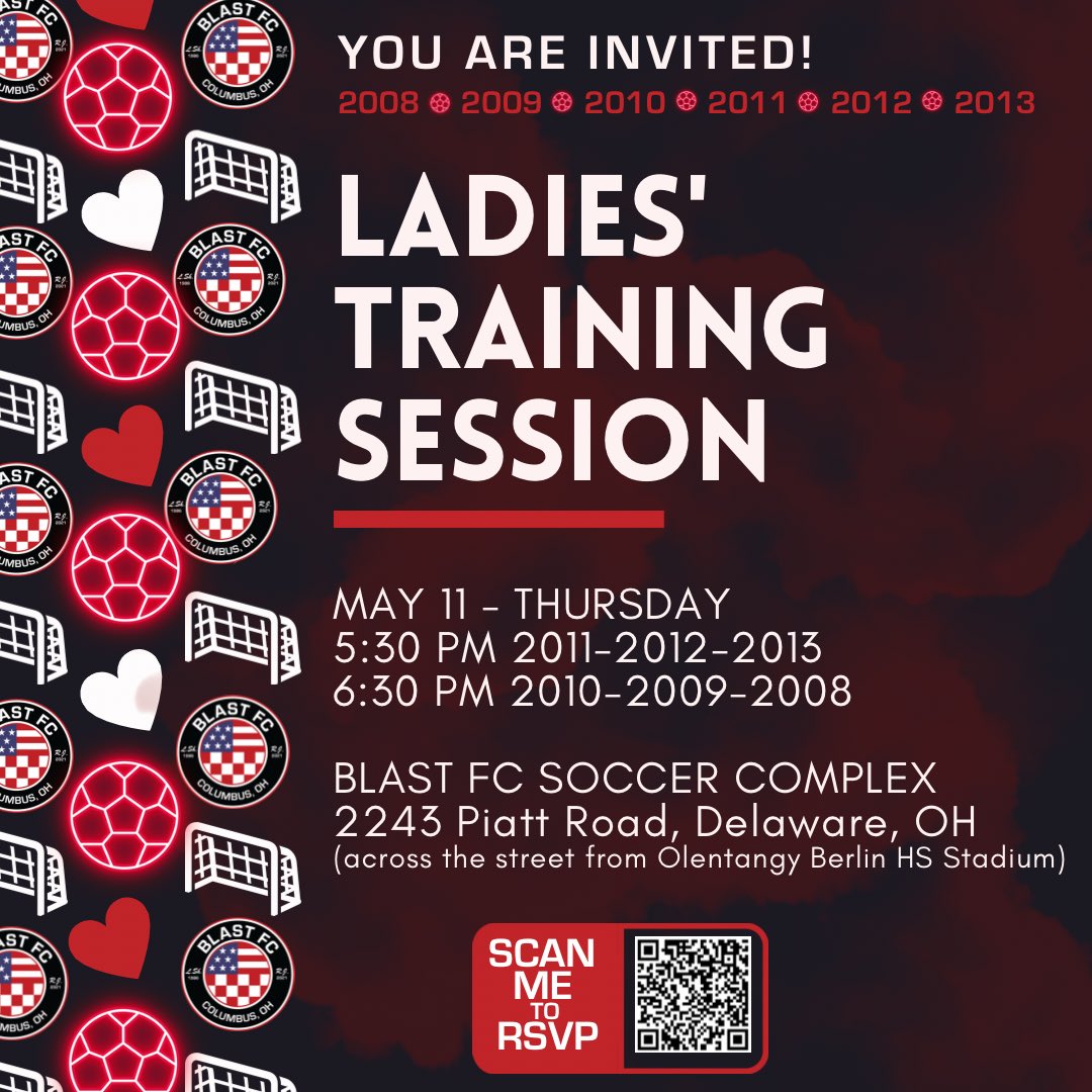 BlastFC86's tweet photo. Hey ladies—this training is for YOU!  🫵🏻Come out and train with Coach Ayman and see what Blast FC is about. All are welcome. ♥️⚽️ We hope to see you there—THIS THURSDAY 5/11. 1  2  3  Blast FC!! https://t.co/c8DxVf7EoL