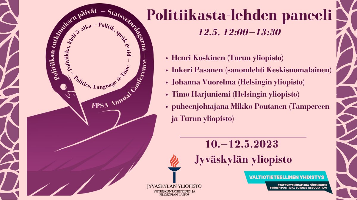 JyuYfi's tweet photo. Politiikan tutkimuksen päivät 2023 on pian täällä! Perjantaina nähdään kiinnostava, numeroiden poliittista valtaa journalismissa käsittelevä paneeli. Lisää voi lukea täältä: https://t.co/J2kkR7rjym https://t.co/46NRLhcWFp