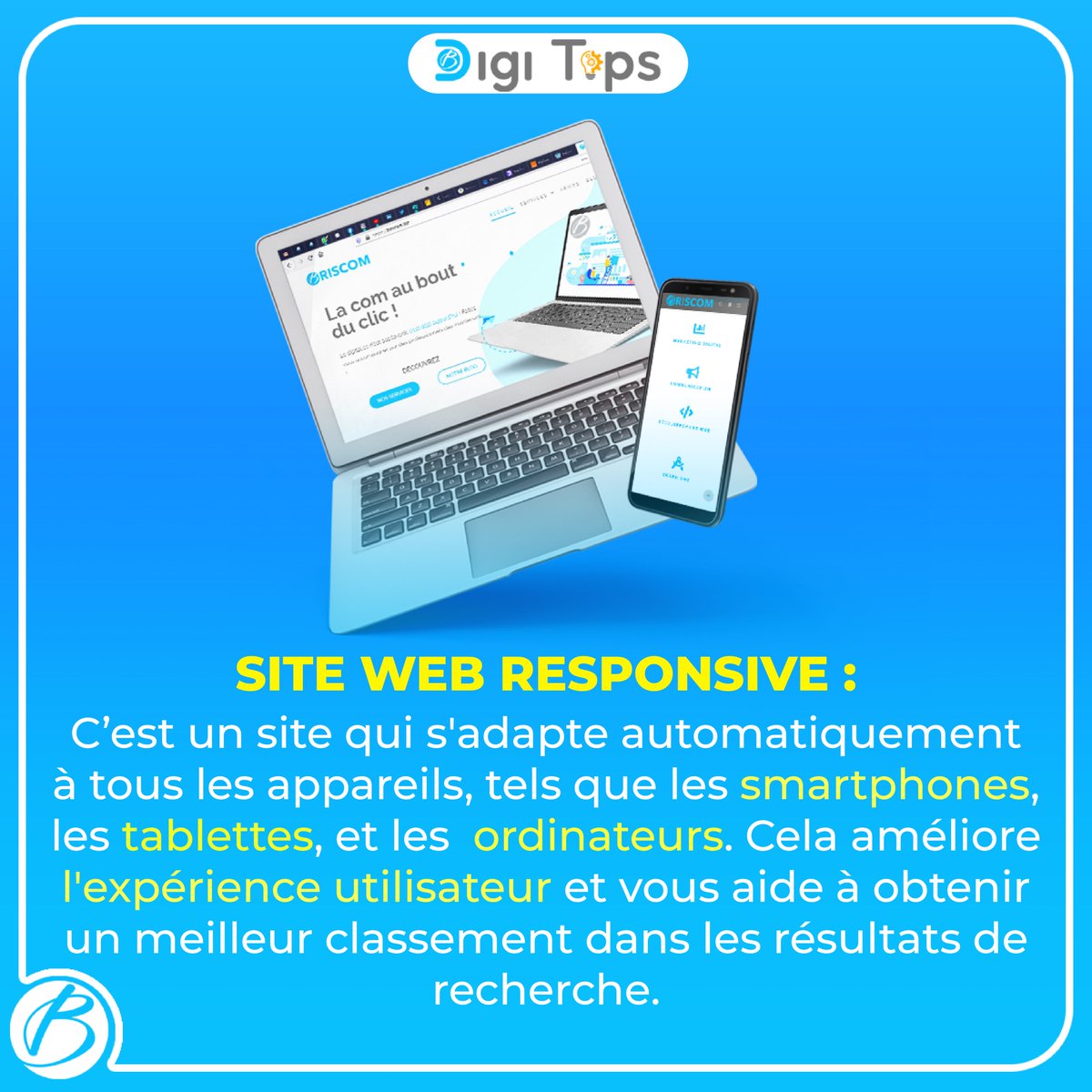 BriscomBF's tweet photo. Un 𝘀𝗶𝘁𝗲 𝗶𝗻𝘁𝗲𝗿𝗻𝗲𝘁 𝗿𝗲𝘀𝗽𝗼𝗻𝘀𝗶𝘃𝗲 s'adapte automatiquement à tous les appareils (smartphones, tablettes et ordinateurs). Ses avantages : améliorer 𝗹'𝗲𝘅𝗽é𝗿𝗶𝗲𝗻𝗰𝗲 𝘂𝘁𝗶𝗹𝗶𝘀𝗮𝘁𝗲𝘂𝗿 des visiteurs et un 𝗺𝗲𝗶𝗹𝗹𝗲𝘂𝗿 référencement du site. #briscom https://t.co/ti4jZTlkAB