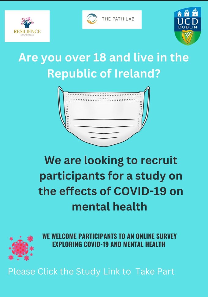 The long-term effects of COVID-19 has touched the lives of many people in Ireland. Your voice matters.
 
If you are over 18 and wish to participate click the link 👇 
run.pavlovia.org/pavlovia/surve…

#pandemic #LongCovid #COVID19 #Wellbeing #research