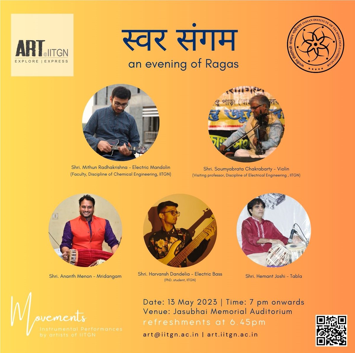 ArtIitgn's tweet photo. Team ART at IITGN is excited to announce a captivating event that is set to stir your senses and ignite your passion for music. Accept our invitation to स��वर संगम, an evening of Instrumental Performances by Artists of @iitgn #artatiitgn #art #instrumentalmusic #gandhinagar https://t.co/yySzzJew8e