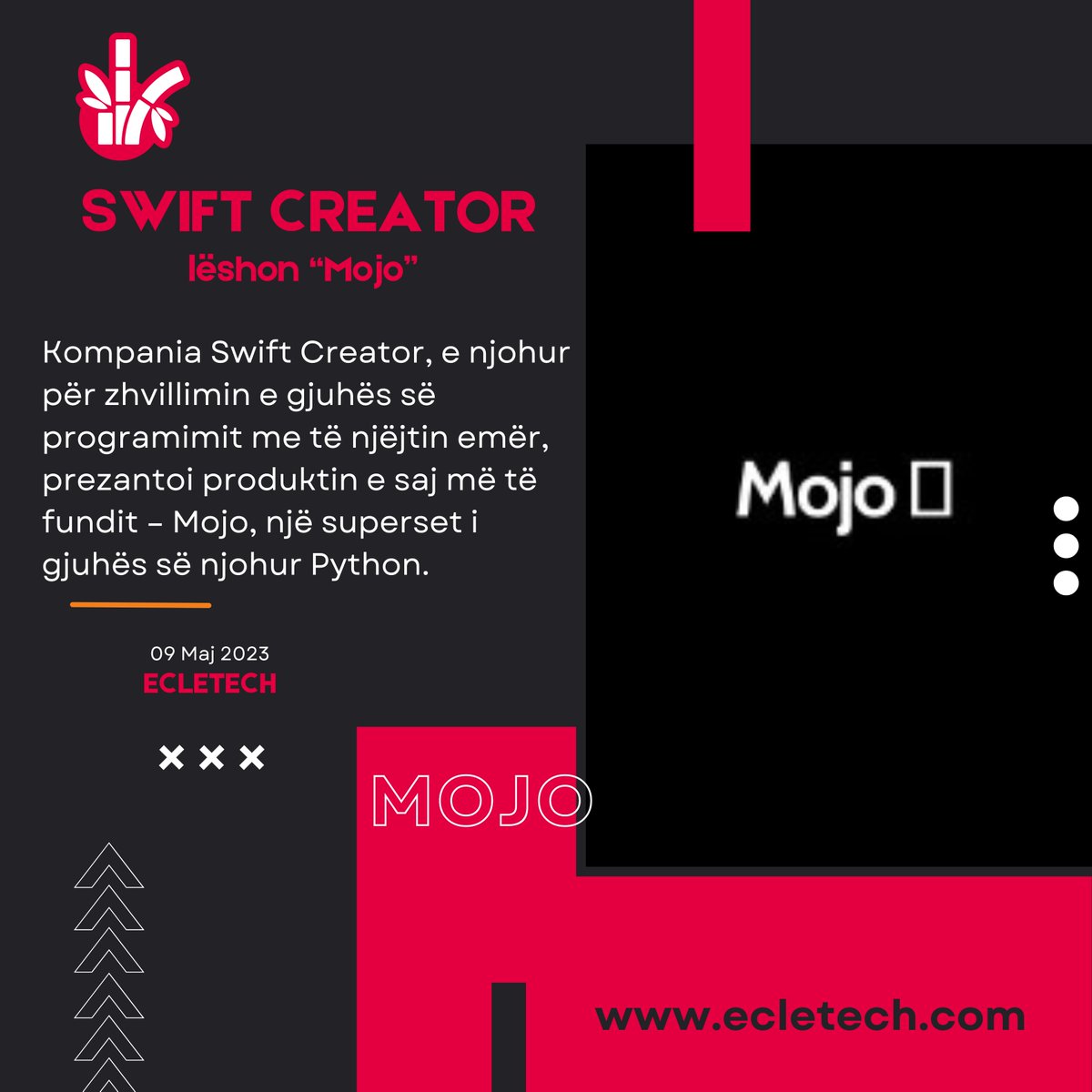 ecletechshpk's tweet image. 🚀 Swift Creator prezanton gjuhën e re të programimit "Mojo", një superset i Python! 🔥🐍 Përmirësim i performancës që ndihmojnë zhvilluesit të krijojnë aplikacione më të shpejta dhe të skalueshme. 👩💻👨💻 #MojoProgramming #PythonSuperset #ecletech #ecletechalb