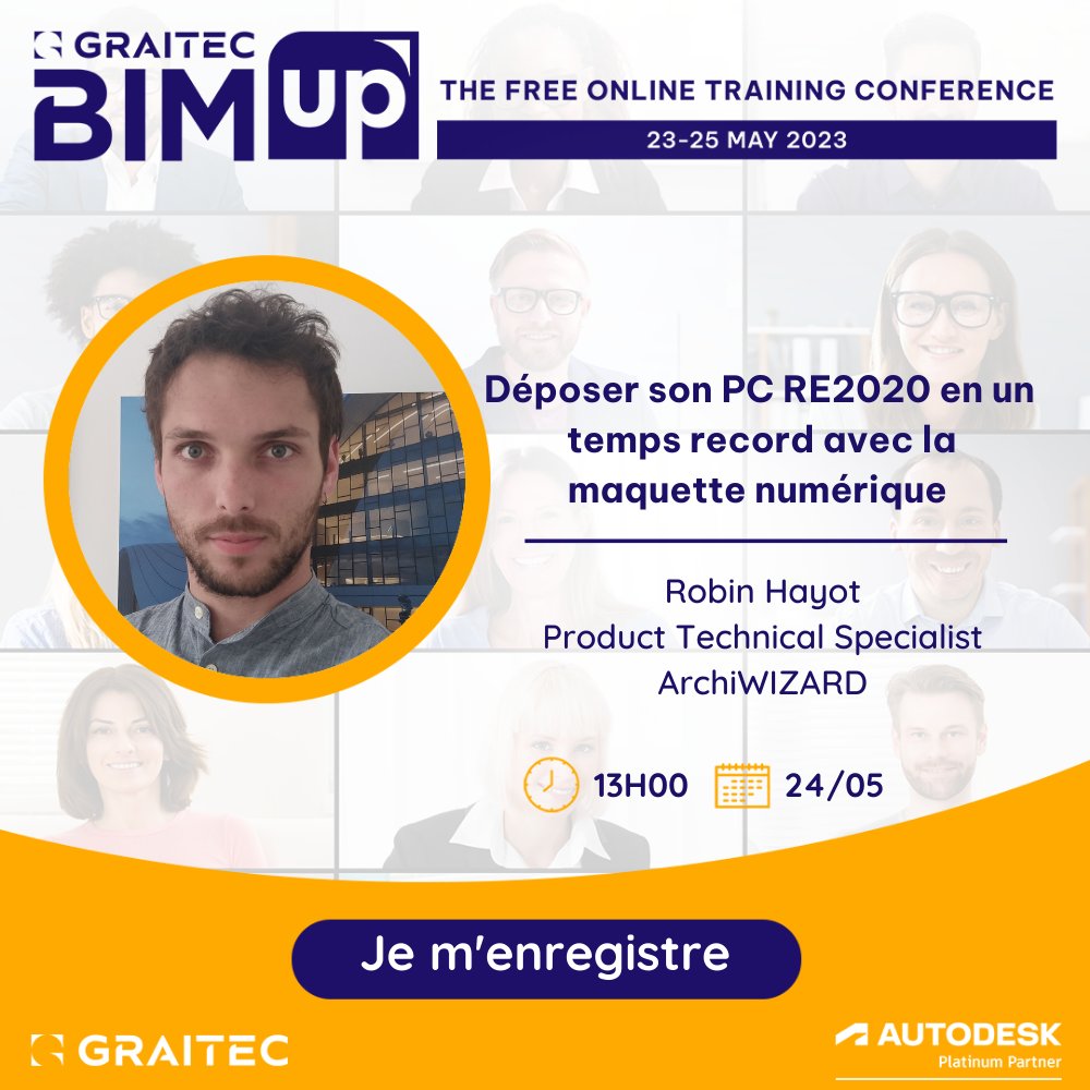 #GraitecBIMup CONFERENCE du 23 au 25 MAI : + 200 sessions gratuites en ligne.
👉Session #ArchiWIZARD 📆 Mercredi 24 mai ⌚à 13h00 : déposer son PC #RE2020 en un temps record avec la maquette numérique 📢En savoir + : bit.ly/40oAjvf
#BIM #Graitec #Architecture  #Thermique