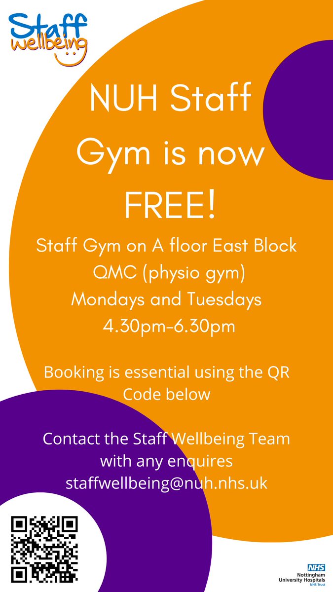 Did you know that the Staff Gym at QMC is now free? Scan the QR code below to book your place @TeamNUH
