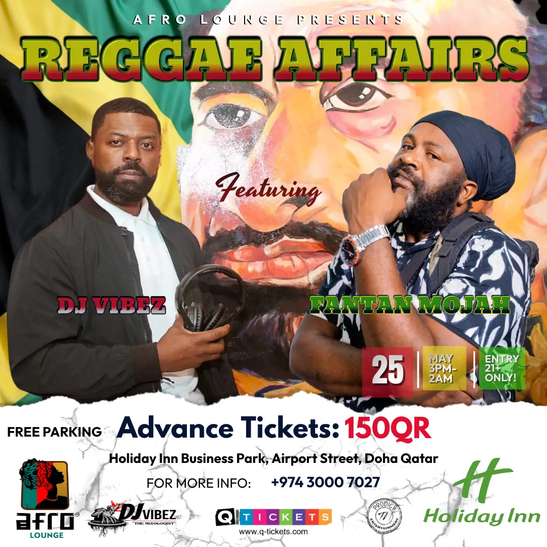 Join the unforgettable Reggae Night at The Holiday Inn featuring Fantan Mojah, DJ Vibez , Deejay Tinnie(SIRE), MC Skinny, and Crew on May 25.  

Bookings & Details at q-tickets.com 

#ReggaeAffairs #FantanMojah #DJVibez #DeejayTinnieSIRE #QTickets