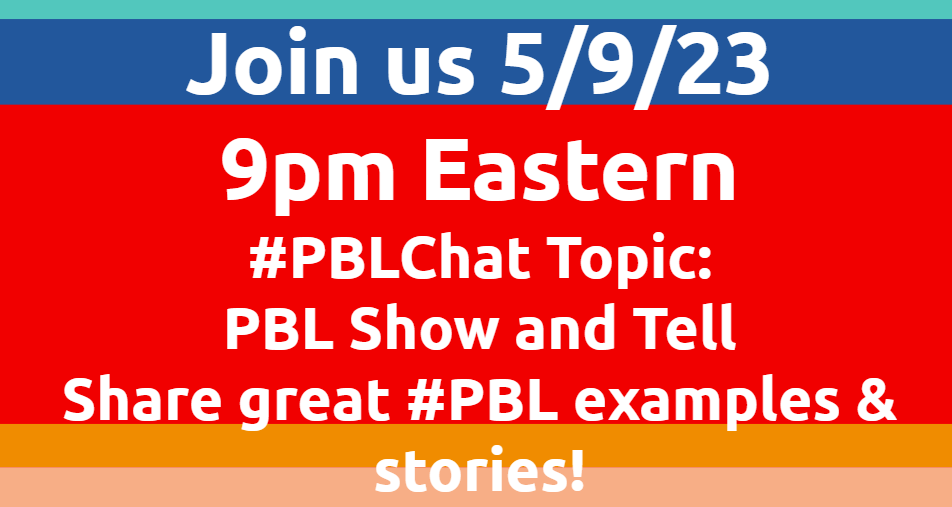 @ChrisGibsonEdu (@chrisgibsonedu) on Twitter photo Join #PBLChat tonight at 9:00 pm Eastern to share what’s going well with #PBL in your space – it’s #PBL Show and Tell!
@thnorfar <a href="/MyTLee3/">Myla Lee ☀️</a> <a href="/nti_mrjones/">Ryan Jones</a> <a href="/jodimoore/">Jodi Moore</a> @AshleyGableCMS <a href="/MsDiMaria/">Sarah DiMaria</a> @debrahermanz <a href="/davidleeedtech/">David Lee EdTech</a> @seanrussell311 <a href="/magnifylearning/">Magnify Learning</a> Join #PBLChat tonight at 9:00 pm Eastern to share what’s going well with #PBL in your space – it’s #PBL Show and Tell!
@thnorfar <a href="/MyTLee3/">Myla Lee ☀️</a> <a href="/nti_mrjones/">Ryan Jones</a> <a href="/jodimoore/">Jodi Moore</a> @AshleyGableCMS <a href="/MsDiMaria/">Sarah DiMaria</a> @debrahermanz <a href="/davidleeedtech/">David Lee EdTech</a> @seanrussell311 <a href="/magnifylearning/">Magnify Learning</a>