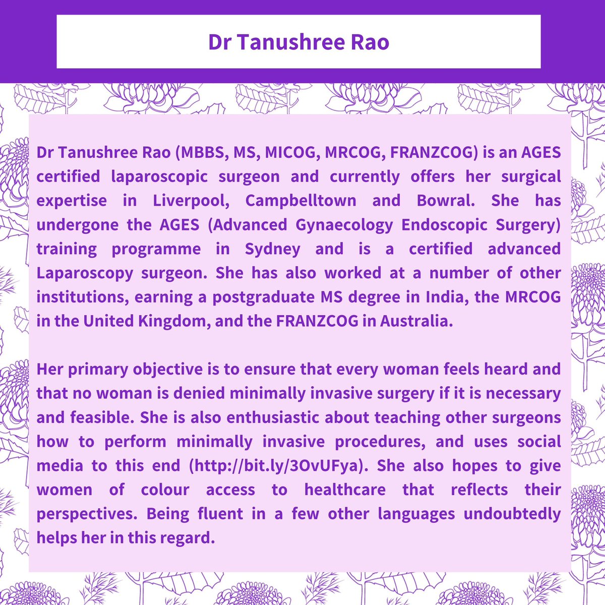 ✨DOCTOR SPOTLIGHT✨: The amazing Dr Tanushree Rao! Know another amazing medical woman in NSW? Let us know! 💖
