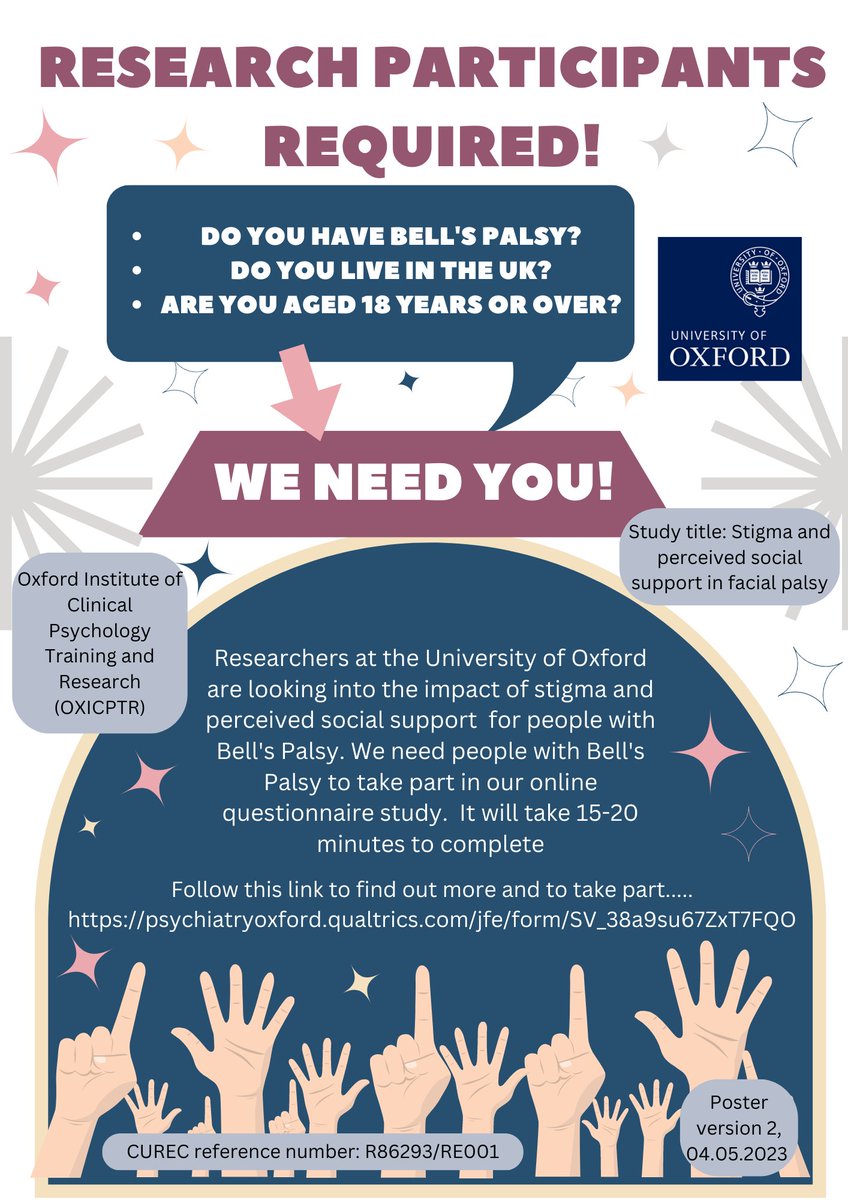 Researchers at the University of Oxford are looking into the impact of stigma and perceived social support for people with Bell's Palsy. If you're aged 18 and over and have Bell's Palsy you can take part in the study by following the link below:
psychiatryoxford.qualtrics.com/jfe/form/SV_38…