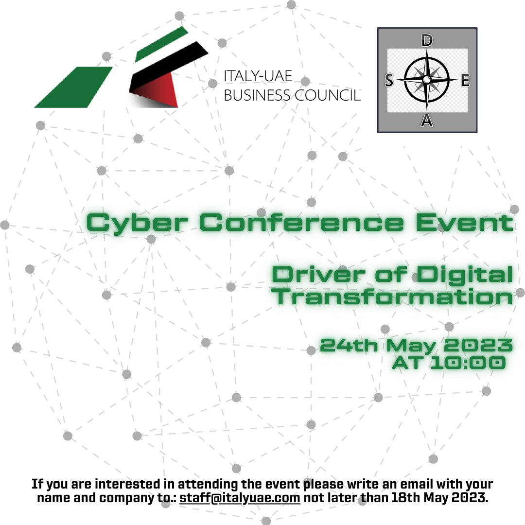 ItalyUAE's tweet photo. The Cyber Conference Event aims to be the perfect occasion to generate an extraordinary opportunity to share knowledge and technologies between Italy and UAE. If you are interested in attending the event please write an email with your name and company  to: staff@italyuae.com https://t.co/LFTpSfW2Ss