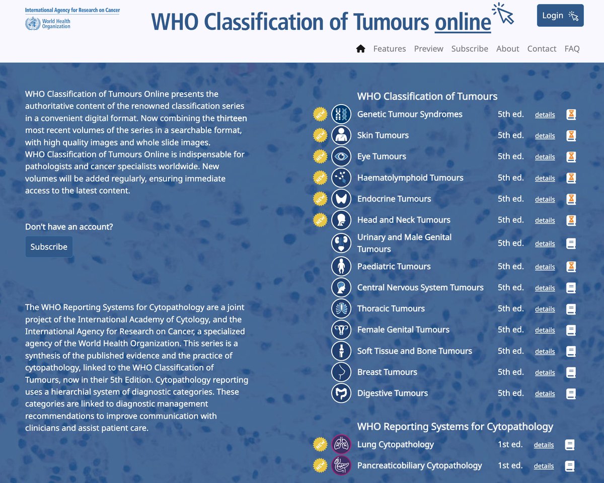 The <a href="/WHO/">World Health Organization (WHO)</a> classification of #tumours is online thanks to our joint work with <a href="/IARCWHO/">IARC</a>. This is an important step for a specialized international reporting systems based on the key diagnostic cytopathological features of tumours bit.ly/3LK5A6I