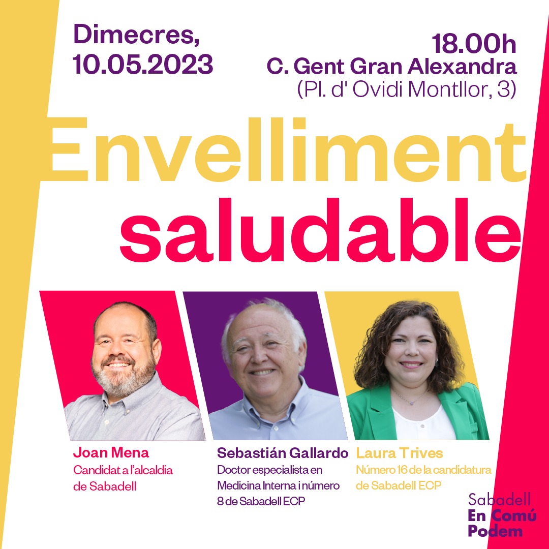 👵🏻👨🏻‍🦳 Demà ens veiem per parlar sobre envelliment saludable.

I ho farem al Complex de Gent Gran Alexandra, amb el prestigiós doctor Sebastián Gallardo, <a href="/joanmena/">🔻Joan Mena</a> i @Lauratrives.

📍Pl. Ovidi Montllor, 3
🕠 18h

Us hi esperem a totes‼️