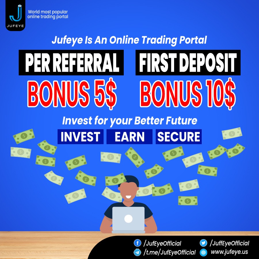 jufeye.us world best online earning trading portal is live now.
Create an account earn 10 dollar initial bonus and 5 dollar per referral.
#onlineearning #earningwebsite #EarnMoneyOnline 
#earnmoney