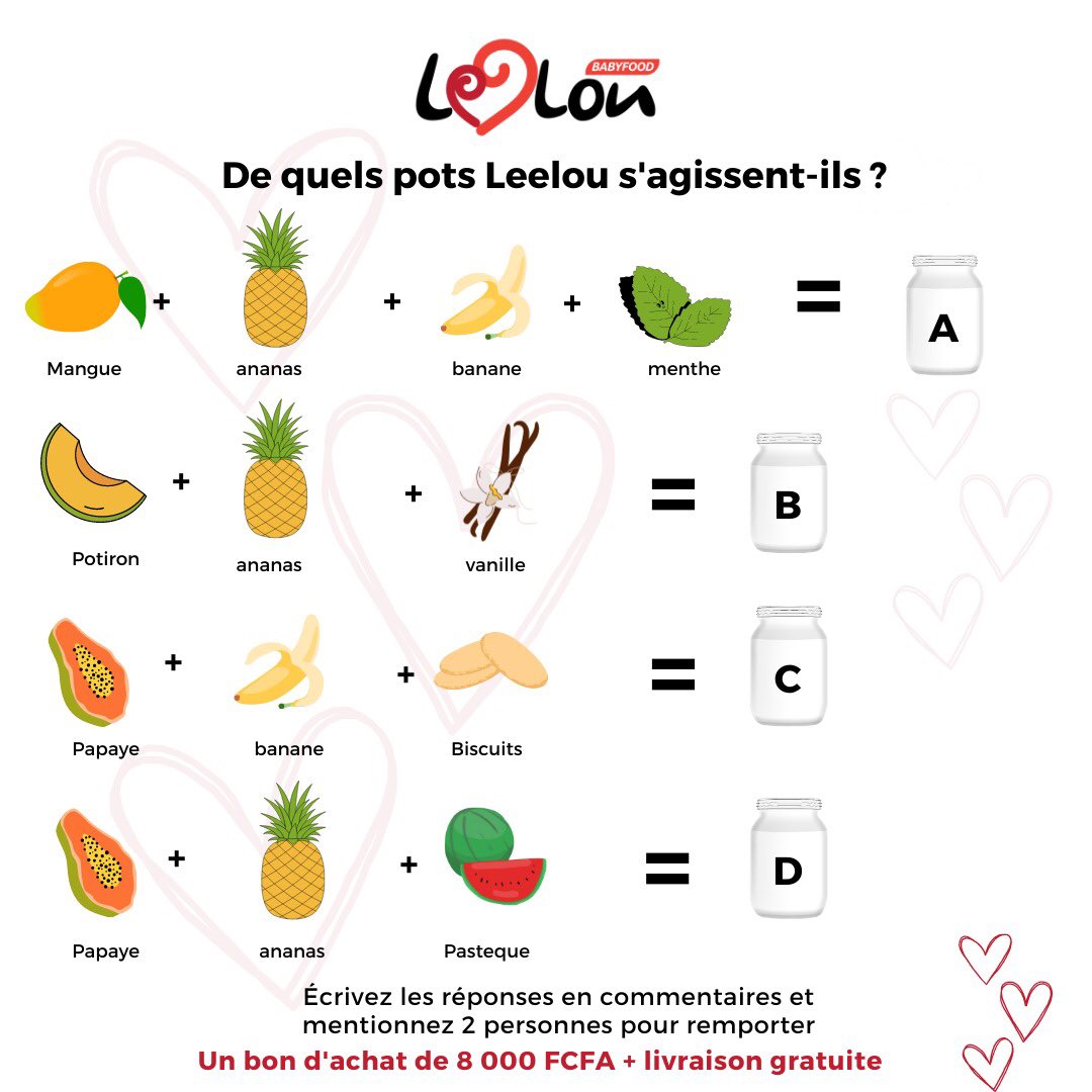 LeelouBabyFood's tweet photo. MINUTE QUIZZ
Et si on faisait un p'tit jeu ? 😃
Pouvez-vous deviner quels sont les compotes fruitées en A,B,C et D
et tenter de gagner un bon d’achat de 8000F ?
Une personne sera tiré au sort
#LeelouQuizz #Compotes https://t.co/ZFfXS75Zah