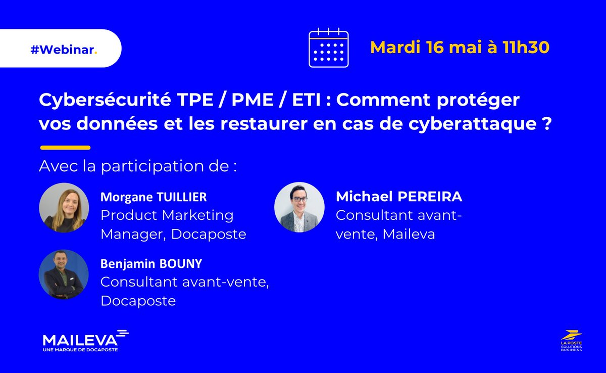 Maileva_com's tweet photo. #Webinar #Cybersécurité #TPE / #PME / #ETI : Comment protéger vos données et les restaurer en cas de #cyberattaque ? 🗓️ Rejoignez nous le 16/05 à 11h30  

📢 En 2021, 69% des victimes de cyberattaques étaient des TPE ou PME.  

👉 https://t.co/v0DkttYuOC

#Cyberattaque #TankR https://t.co/rpLt8Sx6pR